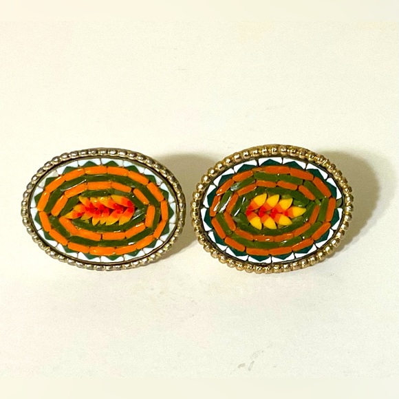 Rare Vintage Glass Micro Mosaic Lg Oval Cufflinks Goldtone